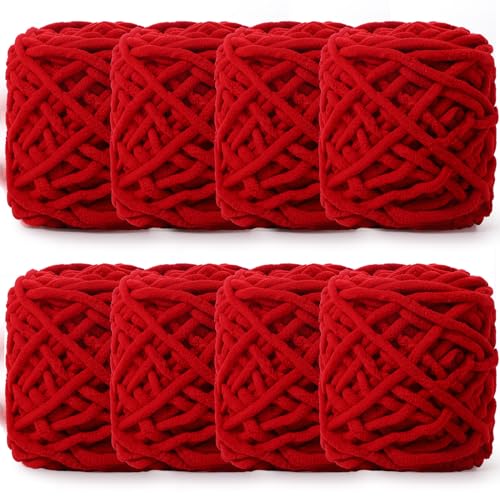 Image of Buryeah 8 Pack Chunky Chenille Yarn for Crocheting Soft Thick Fluffy Yarn for Hand Knitting Bulky Velvet Blanket Plush for Weaving DIY Crafts Each 3.5 oz 55 Yards (Red)