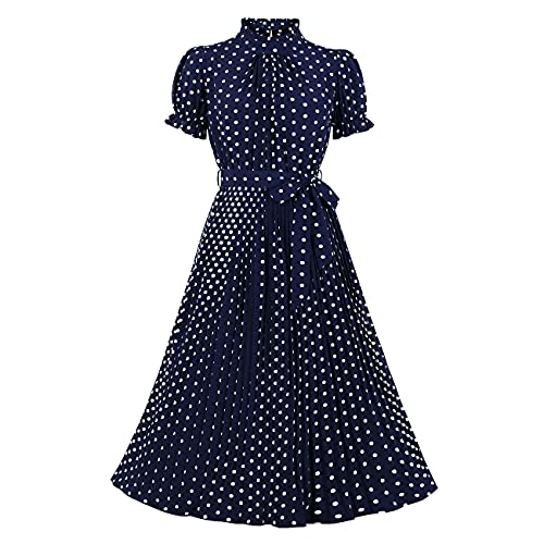 Wellwits Damen Polka Dots Plissee Midi Vintage Cocktail Formelles Kleid, navy, XXL
