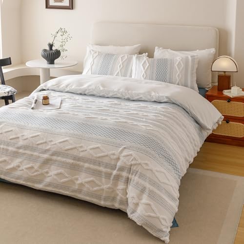 Image of KAREVER Ivory Blue Boho Comforter Set Twin Mixed Textures Jacquard Bedding Set Durable Chic and Stylish Bedroom Set