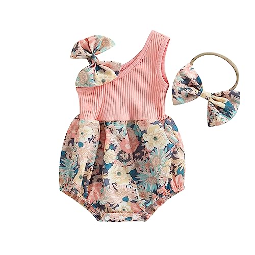 Newborn Baby Girl Summer Outfits Floral One Shoulder Romper Two Piece Bodysuit Stretch Bow Headband Cute Clothes