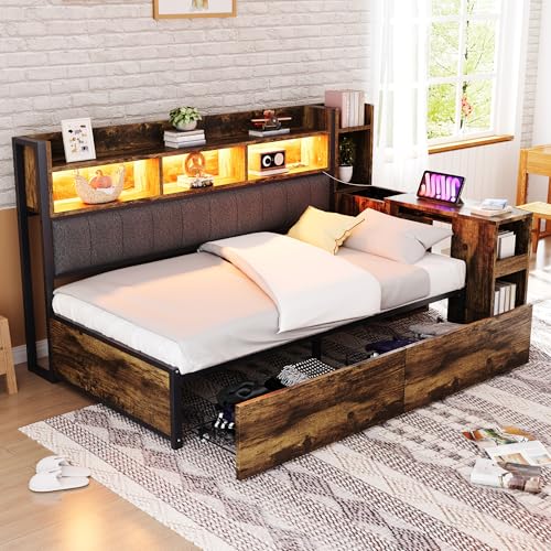 Merax Eisen-Sofabett 90x200 cm, mit ausziehbarem Schreibtisch, LED-Beleuchtung, Steckdosen, großem Stauraum & Schubladen, versteckten Fächern, stabilem Metallrahmen, Holzfarbe (ohne Matratze)