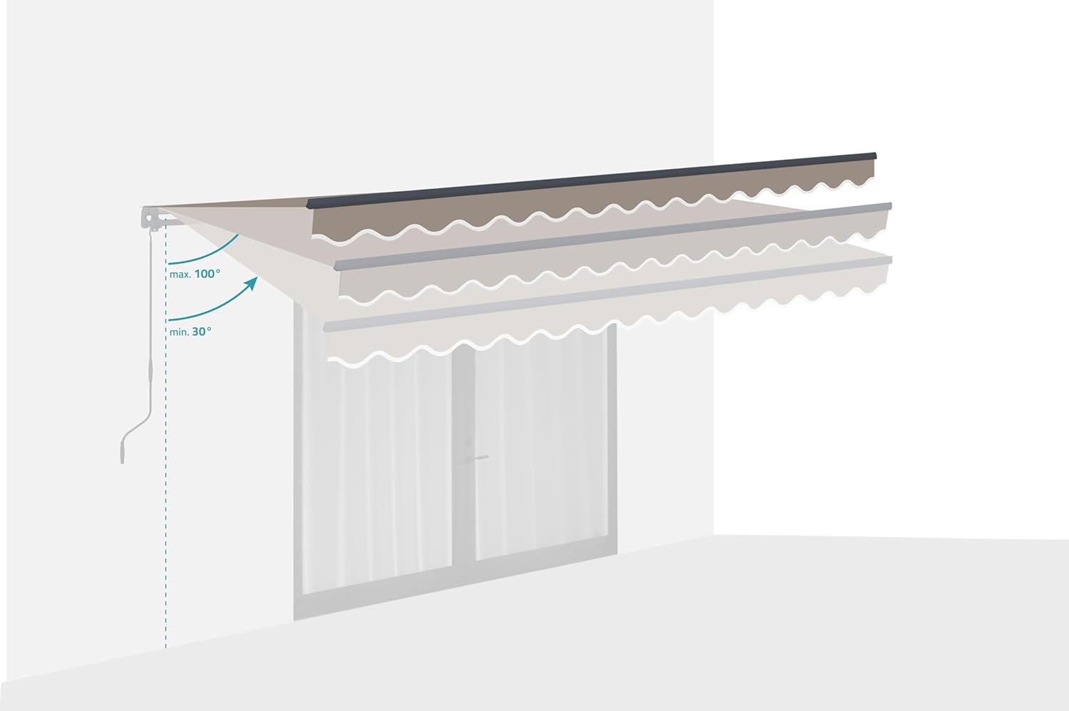 Diagram showing the adjustable tilt angle of the Cazeboo Vecchio awning from 30 to 100 degrees.
