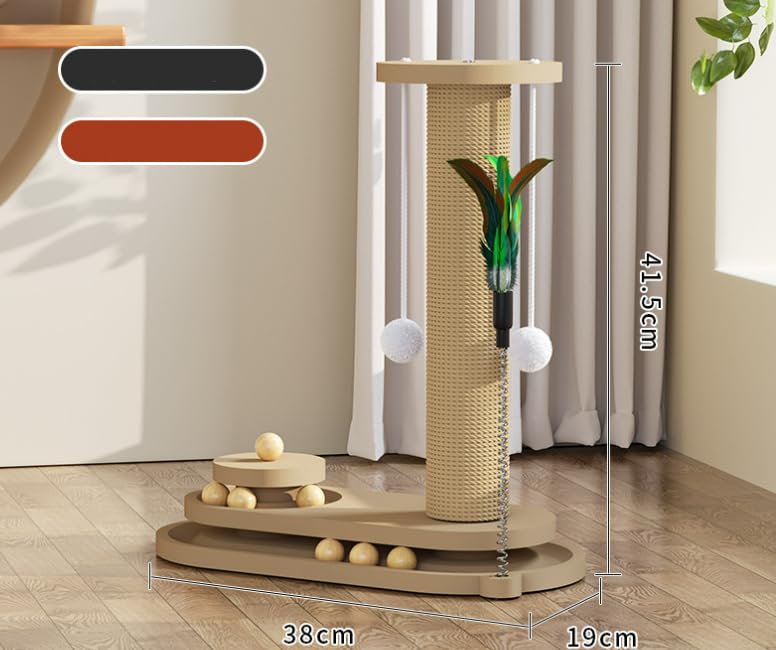 Image of Solid Pine Wood Cat Toy Scratching Post with Roller Ball Track, Catnip Balls & Feather Teaser - Sisal Scratcher Tower for Indoor Cats, Durable Wooden Toy- Single Tower