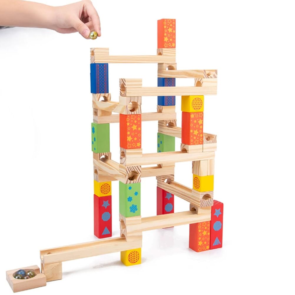 Ensemble Blocs Construction Bois Montessori avec Parcours Billes