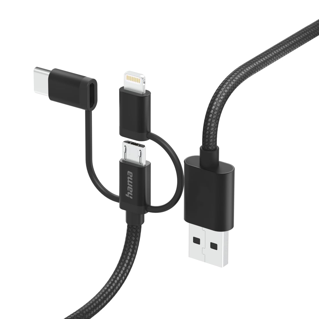 Hama Adapter 3w1 micro USB, USB C/Lightning (nylon, 3A, 480 Mbit/s, ochrona przed złamaniem, kabel 1,5m) czarny