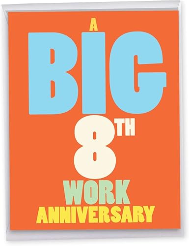 NobleWorks - Tarjeta de felicitación de aniversario de trabajo de 8.º hito humorístico de nosotros de 8.5 x 11 pulgadas con sobre (paquete de 1)