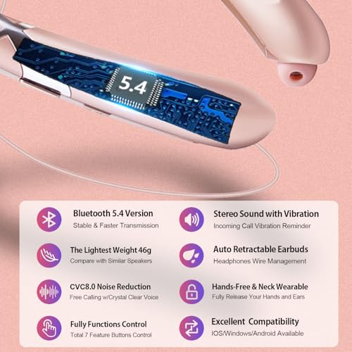 Image of Gardway Neckband Bluetooth Headphones, Bluetooth 5.4 Wireless Headphone with Retractable Earbud,16Hrs Playtime, IPX5 Sweatproof, Around The Neck Headphones Stereo Headset (Rosegold)