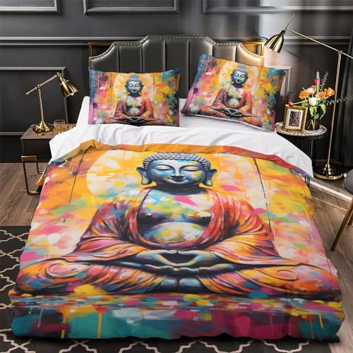 Housse de couette Bouddha 3D 140x200cm en microfibre avec 2 taies