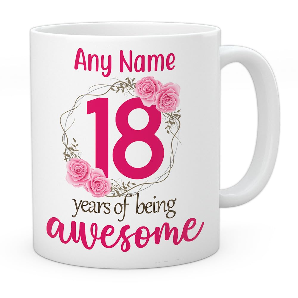 EnvyFone 18th Birthday Gift for Women - Personalised Mug - 18 Years of Being Awesome - Floral