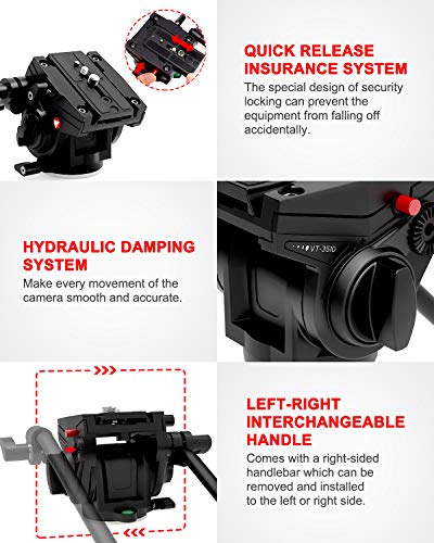 KINGJOY Video Head, Tripod Fluid Drag Pan Tilt Head with 1/4 and 3/8 inches Screws Sliding Plate for DSLR Camera Camcorders Shooting Filming, VT-3510 - Thumbnail 6