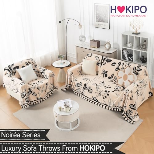 Image of HOKIPO Plush Sherpa Sofa Cover for 1 Seater Sofa | Thick Cozy Washable Sofa Throw | Full Protection Sofa Cover, 'Noirea Series' Butterfly Garden (180x180 cm) (AR-6651-D7)