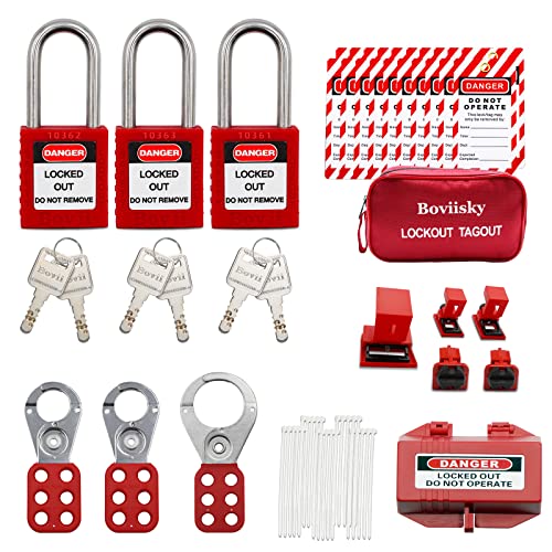 Boviisky Lockout Tagout Equipment with Crimson Security Padlocks, 2 Keys per Lock,Hasps, Loto Tags, Clamp on and Common Multipole Circuit Breaker Lockouts, Plug Lockout, Bag, Electrical Lock Out Tag Out Set…
