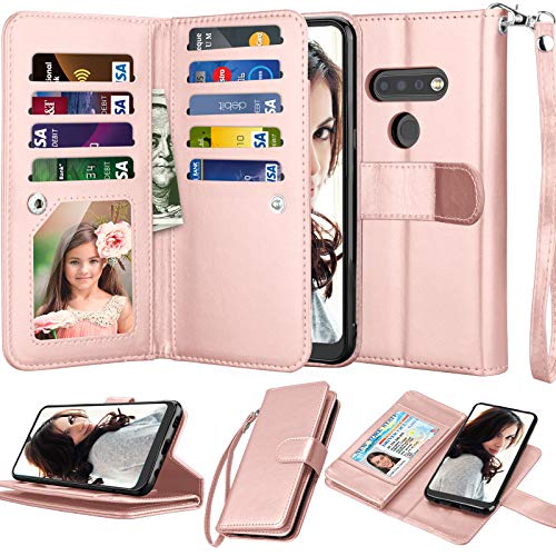 NJJEX Compatible with LG K51 Case/LG Q51/ LG Reflect/LG K51 Wallet Case, [9 Card Slots] PU Leather ID Credit Card Holder Folio Flip [Detachable] Kickstand Magnetic Phone Cover & Lanyard [Rose Gold]
