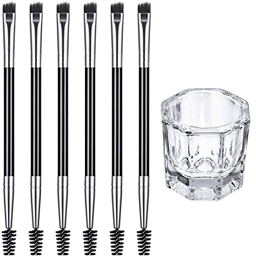 6 Pieces Duo Eyebrow Brush Angled Eye Brow Brush Spoolie Brush Mini Eyebrow Brush with 1 Glass Dappen Dish Mini Wash Cup for Angled Eyebrow Makeup