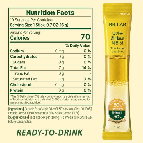BB LAB Organic Olive & Lemon Dual Shot, 50:50 Ratio, Cold-Pressed Extra Virgin Olive Oil & NFC Lemon Juice, 16g*10 Sticks - image 2