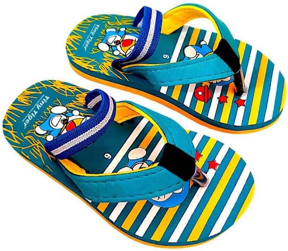 Cute Doraemon Kids Cartoon Flip Flops Colorful Striped Slippers for Baby Boy & Baby Girl Sandals (Aqua) Size 5