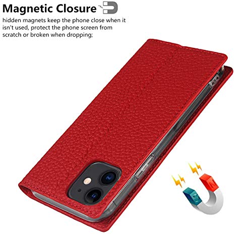 Étui portefeuille cuir véritable iPhone 12 iCoverCase rouge avec support