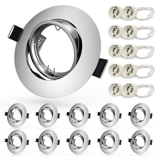 10X GU10 Downlights for Ceiling Round Polished Chrome Metal Mounting Frame for Recessed Ceiling Lights 360° Tilt Swivel Spotlight Fittings 240V, Outer Diameter: 90mm, Cutout: 68-85mm, No Bulbs