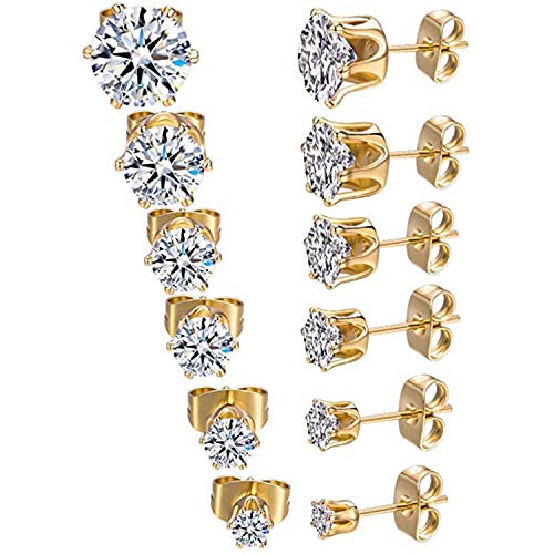 6 Pairs 18K Yellow Gold Plated Round Clear Cubic Zirconia Stud Earrings Pack of 6 Set for Women Men- 3-8mm(Gold)