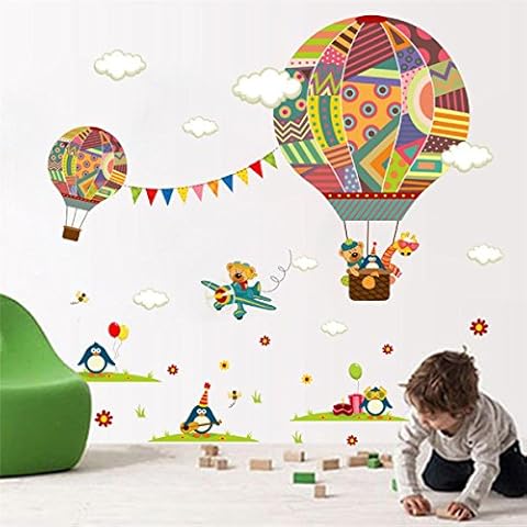 Flyfish Colorful Hot Air Balloon Bear Giraffe Nursery Room wall sticker for Kids Rooms children 's room cartoon Wall Decals Mural Cover