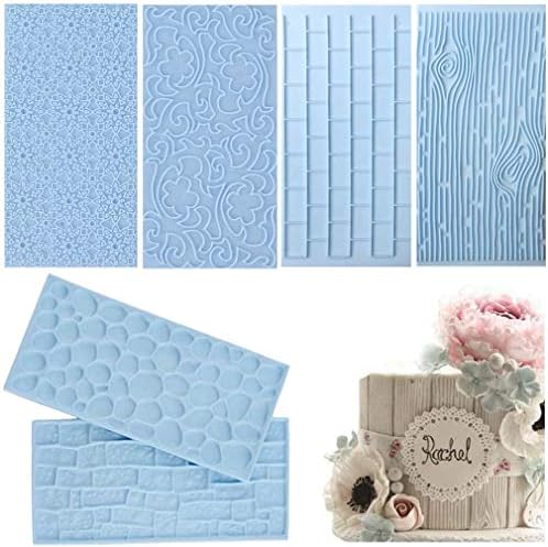 JOERSH 6 Pack Fondant Impression Mat Wood Fondant Mold Set, Embossed Tree Bark/Brick Wall/Flower/Cobblestone/Stone Wall Texture Design Mold for Chocolate Cupcake Topper Wedding Cake