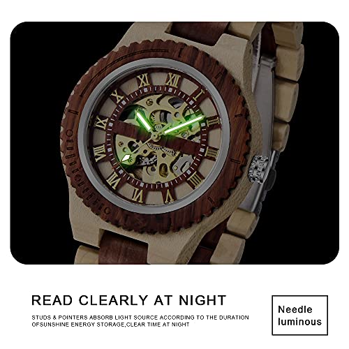 Men's Wooden Watch Skeleton Automatic Movement Wood Watch Self-Winding Watches for Men