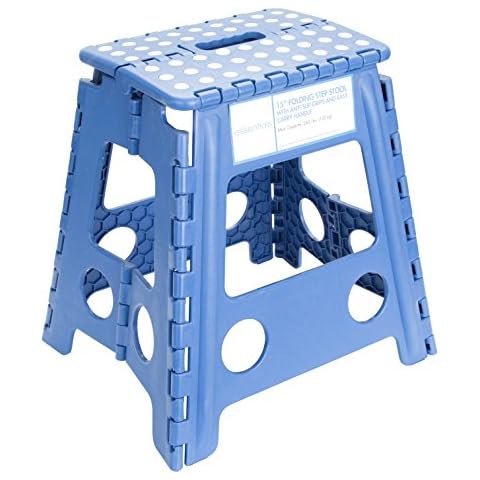 ESSENTIALS 21048 15” Folding Step Stool, Wide Folding Step Stool, Plastic Step Stools For Adults, Garden Step Stool, Foldable High Stool, Blue Cover