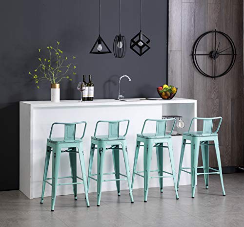 HAOBO Home Industrial Bar Stools Metal Barstools Counter Height Stools with Wooden Seat [Set of 4](24\", Low Back Swivel Distressed Green-Blue) - Thumbnail 4