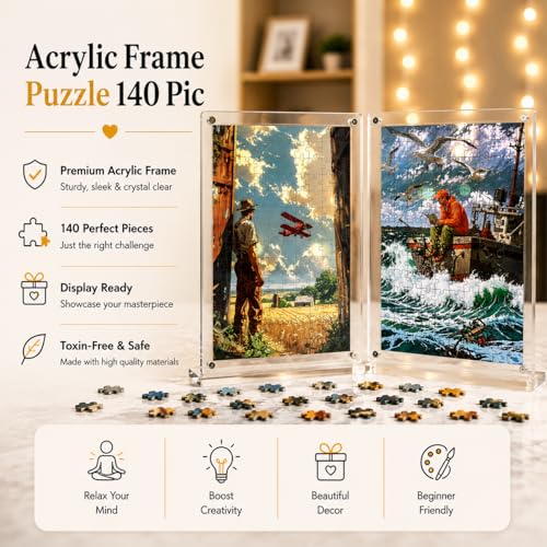 Image of Mini Leaves Chasing the Horizon Acrylic Frame Jigsaw Puzzle 140 Pieces | Vintage Airplane Desk Decor with Display Frame | Premium Gift for Art Puzzle Lovers