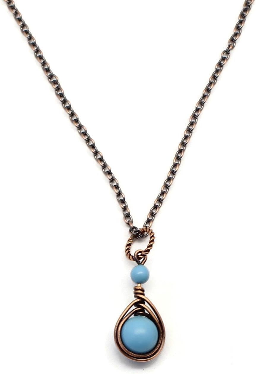 Pillar of Salt Studio Handcrafted Simulated Pearl Small 1" Pendant Copper Wire Wrapped Necklace (Turquoise Blue, 18" Chain)