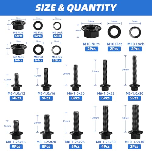 280pcs metric flange bolt assortment m6x10 m8x125 m10x15 12mm to 30mm assorted hex bolts and nuts washers kit for automotive 109 black zinc galvanized