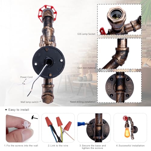 Image of XEYOU Retro Wall lamp Vintage Industrial Steampunk Wall Sconce with Switch Metal Water Pipe Wall Mounted Light Fixture E26 Edison Bulb for Cafe Bar Restaurant Bedroom Livingroom