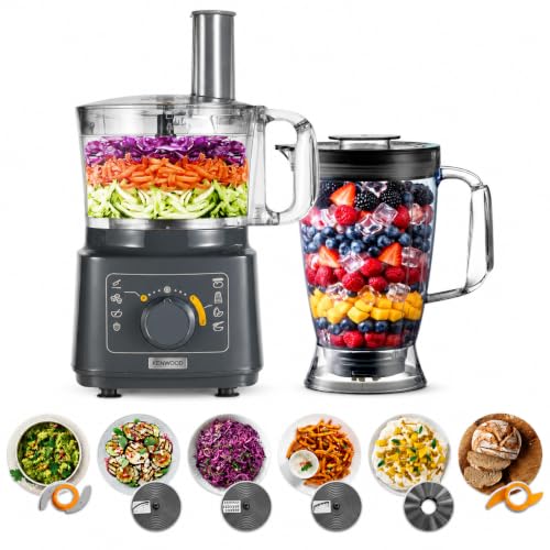 غذاساز KENWOOD 750 واتی چند منظوره با مخلوط کن، دیسک برش برگشت پذیر/رنده، دیسک امولسیون کننده برای هم زدن، خمیرساز، تیغه چاقو FDP05.50GY خاکستری