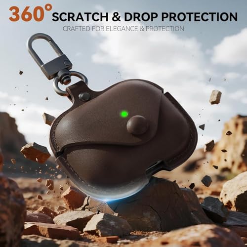Image of Leather Case for AirPods Pro 3 (2025) | Premium Protective Cover with Snap Lock & Keychain | Shockproof Wireless Charging Compatible Case (Dark Brown)