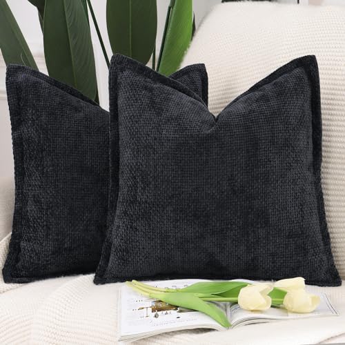Madizz Set of 2 Chenille Velvet Cushion Covers with Flange Soft Boho Textured Throw Pillow Covers Broadside Pillowcases Modern Farmhouse Home Decor for Sofa Bedroom Black 18x18 inch, 45x45 cm