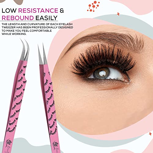 BeautyPros Pęseta do przedłużania rzęs, prosta i zakrzywiona pęseta ze stali nierdzewnej, klasyczna pęseta do przedłużania rzęs, 2 sztuki, różowa pęseta (nadruk rzęs)