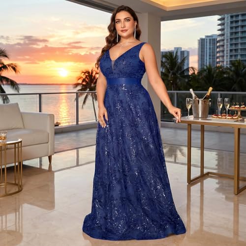 Image of Plus Size Formal Dresses for Women with Embroidery Sequin and V-Neck, A-Line Maxi Dress for Wedding and Cocktail