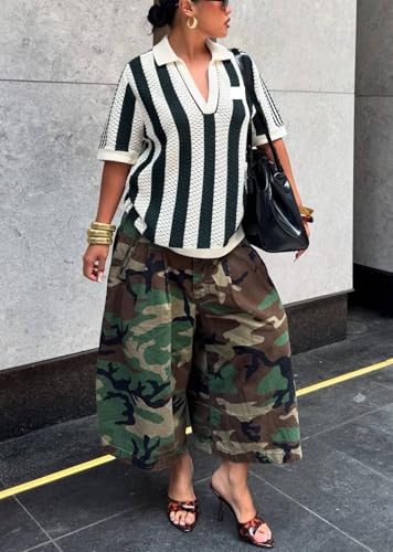 Image of Women's Barrel Camo Pants High Waisted Wide Leg Peated Palazzo Camouflage Capris Baggy Y2k Army Fatigue Trousers