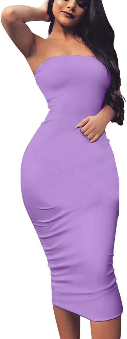 BORIFLORSWomen's Basic Sleeveless Tube Top Sexy Strapless Bodycon Midi Club Dress