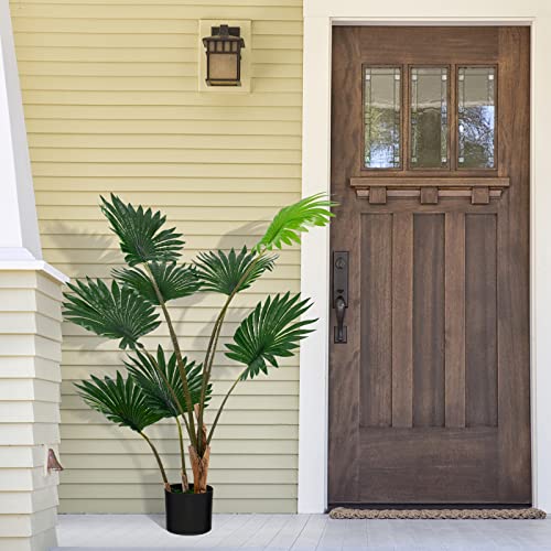 Goplus 4Ft Artificial Fan Palm Tree, Fake Tropical Palm Tree With 8 Large Leaves, Realistic Moss, Cement Pot, Indoor & Outdoor Green Potted Plant For Office, Home, Store, Garden #TOP5