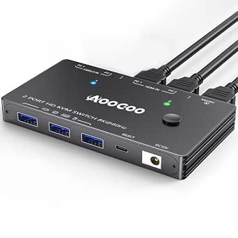 HDMI KVM Switch for 2 Computers, 8K@60Hz/4K@120Hz, with USB 3.0 Ports, Remote Control, and Power Adapter