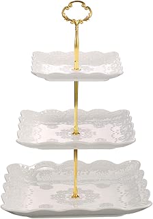 Sumerflos 3 Tier Porcelain Cupcake Stand, Tiered Serving Cake Stand, Square White Embossed Dessert Stand, Weddings Parties Pastry Serving Tray - coolthings.us