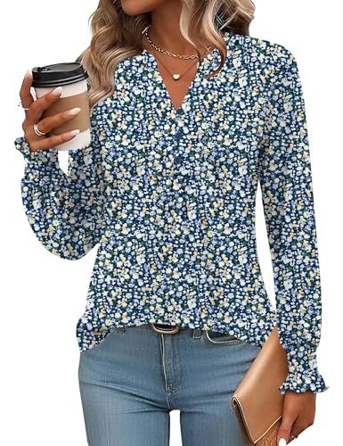 Rapbin Bluse Damen Langarmshirt Tunika Elegantes Oberteil V-Ausschnitt Knopfleiste T-Shirt Business Casual Outfits Blau Weiß Blumen L