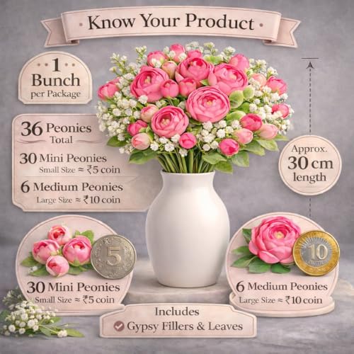 Image of Artificial Flowers Bunch for Home Decor Living Room, Peony Flower with Baby Breath, Decorative Items, Indoor Plants Alternative, Flower Bunch for Vase, 30 cm (Vase Not Included) (Pink Dark)