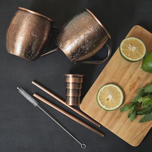 Foto von SKY FISH Moscow Mule Becher 2er Set, 3D Geprägte Cocktailgläser, 500 ml Edelstahl Weingläser, Handwäsche, Jahrgang Kupfer Oberfläche