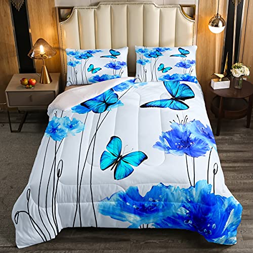 Erosebridal Blue Butterfly Comforter Set Full Blue Blossom Floral Bedding Set for Kids Girls Women Bedroom Decor Duvet Set Butterflies Chic Garden Style Quilt Set Spring Romantic White Comforter Set