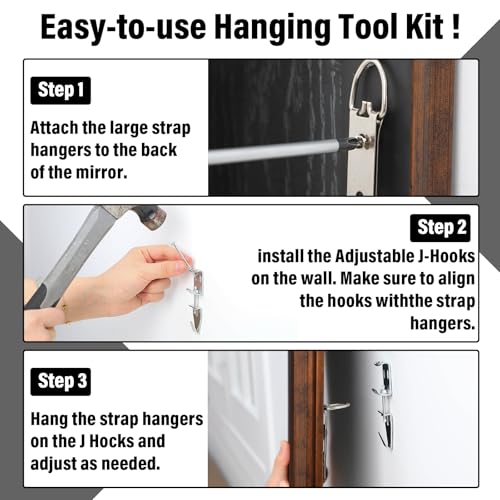 Image of Blulu 4 Set Heavy Duty Mirror Hanging Kit Picture Hangers J Hooks Adjustable Hangers and Leveling Hardware Large Supports up to 100 Lbs Mirror Hanging Hardware for Mirrors Pictures Frame