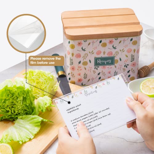 Cabbrix Recipe Box With Cards And Dividers, Recipe Cards And Box Set, Wooden Lid With Phone Holder And Card Holder, Decorative Recipe Tin With Gift Box (Pink) #TOP2