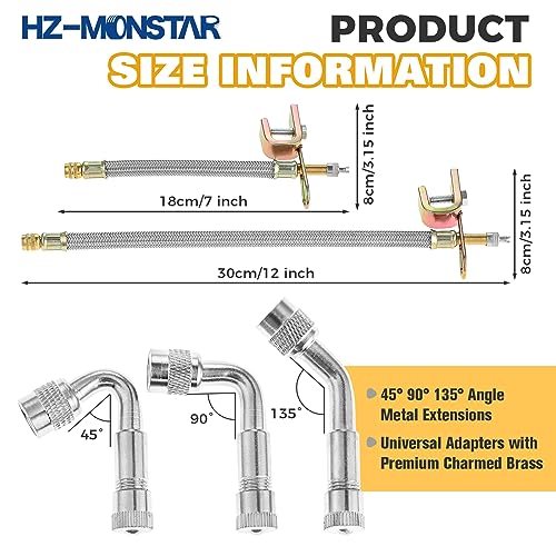 Image of Valve Stem Extension, 4 Pcs 7 inch & 12 inch Braided Valve Stem Extender, 6 Pcs 45 90 135 Degree Brass Valve Stem Extender, Stainless Steel Tire Extender Braided Valve Stem Extender for Cars Truck