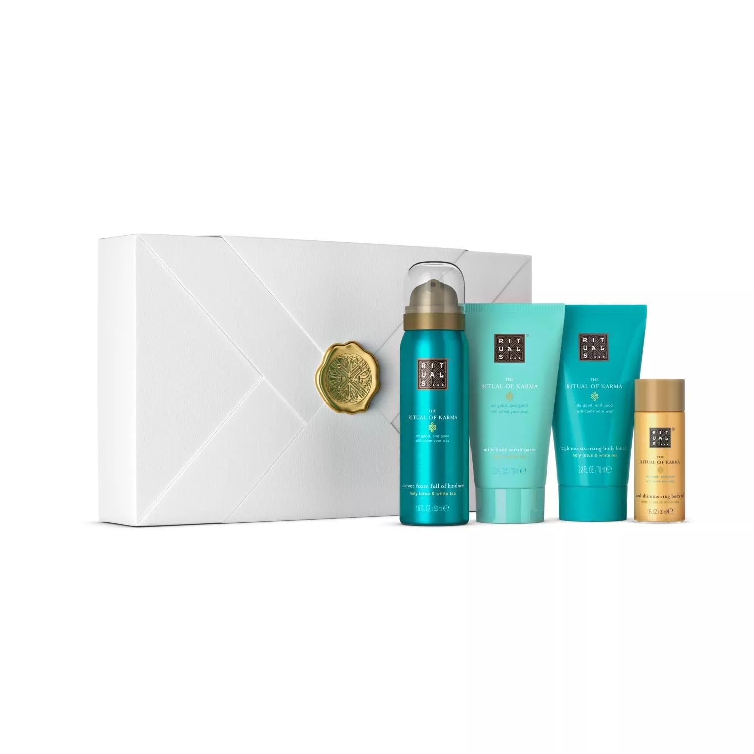 RITUALS Zestaw upominkowy Soothing Treat z serii The Ritual of Karma, zawiera: piankę pod prysznic, krem do ciała, peeling do ciała, olejek do ciała, 1112243